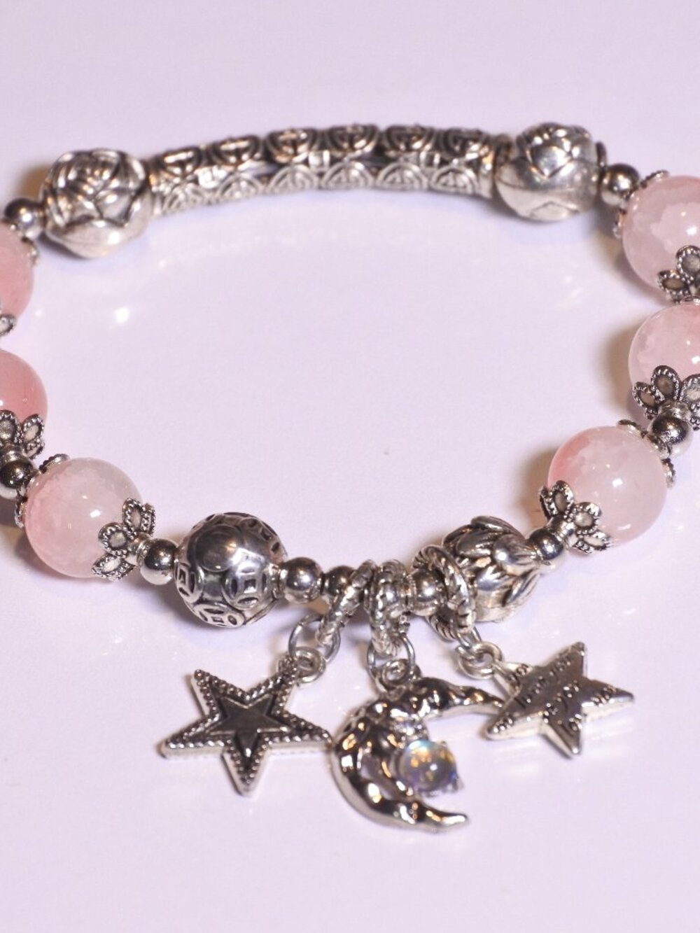 Pink Faceted Crystal Beaded Charm Bracelet • Silver Celestial Moon & Stars